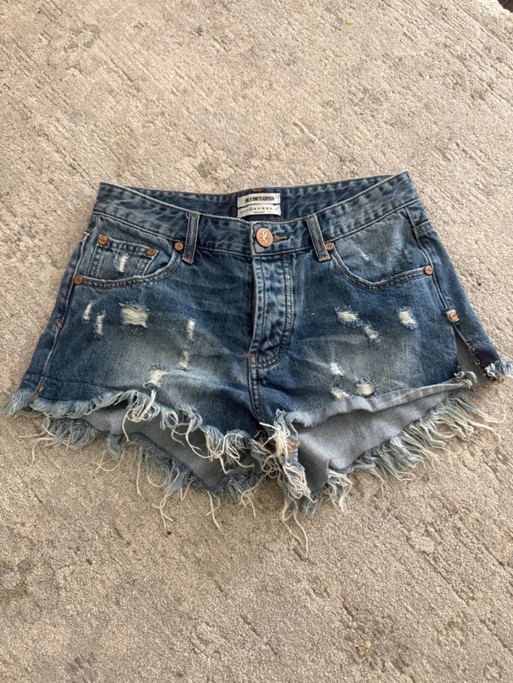 OneX Oneteaspoon Medium Blue Distressed Frayed Denim Cutoff Shorts